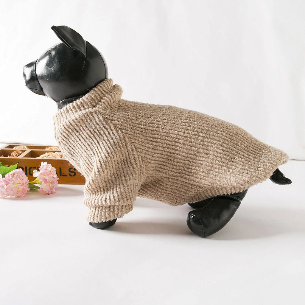 Brown cloth dog sweater pullover on a small white dog, showing casual style.