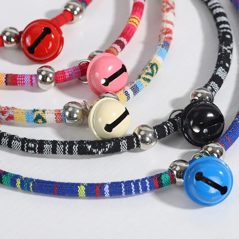 Coloured ethnic style adjustable pet collar with bell necklace for cats and dogs