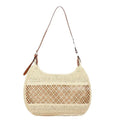 Women's straw cross body bag in khaki colour showing horizontal square shape and woven texture