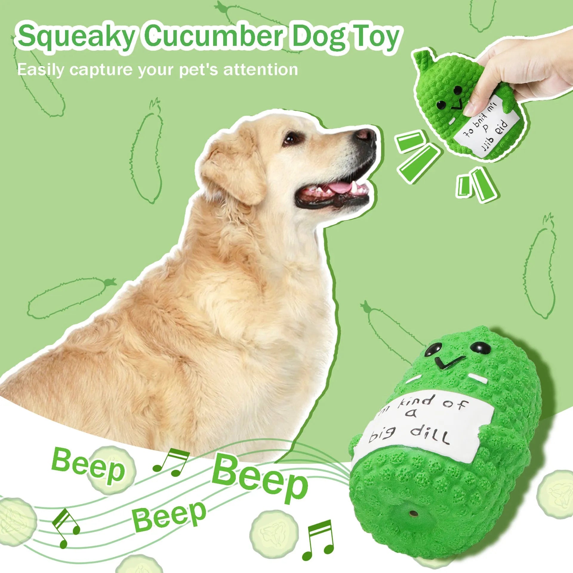Green latex pickle-shaped dog squeaky toy with textured nubs for teeth cleaning.