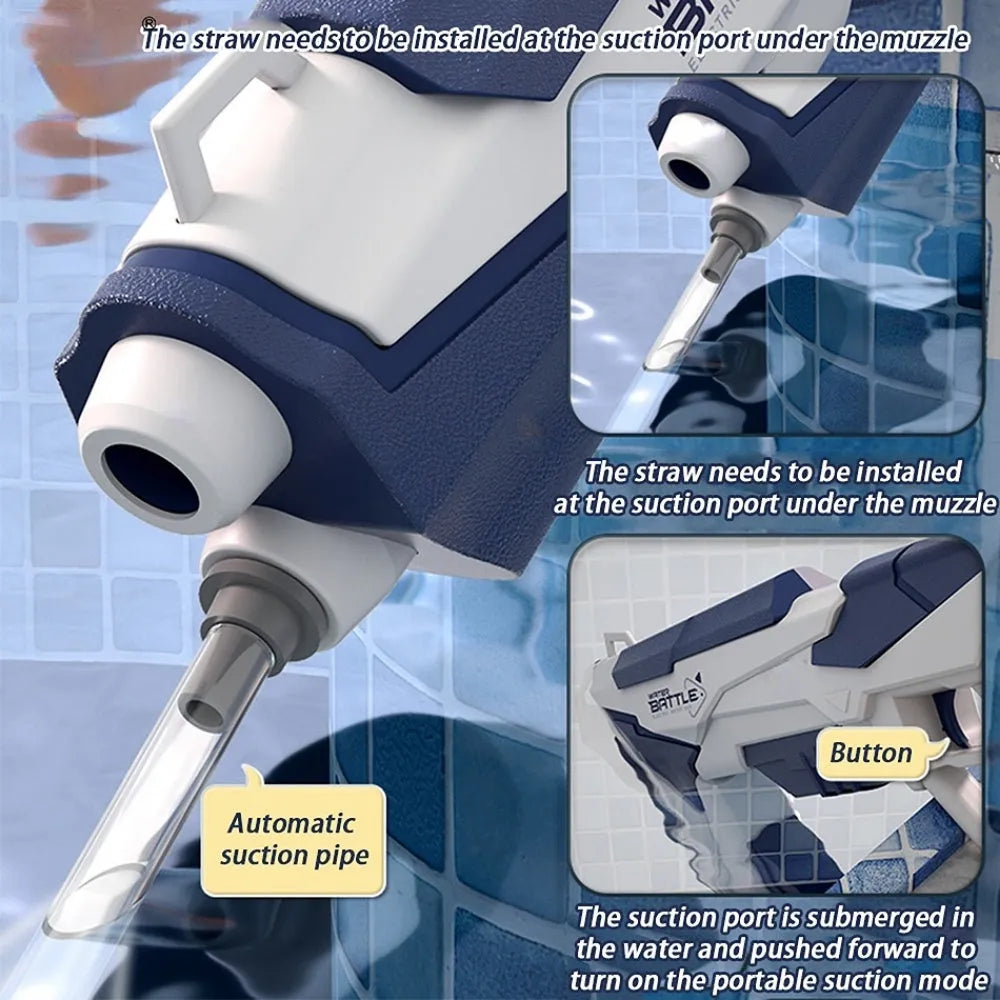 Electric water gun with USB charging cable and automatic straw, showing blue and pink colour options