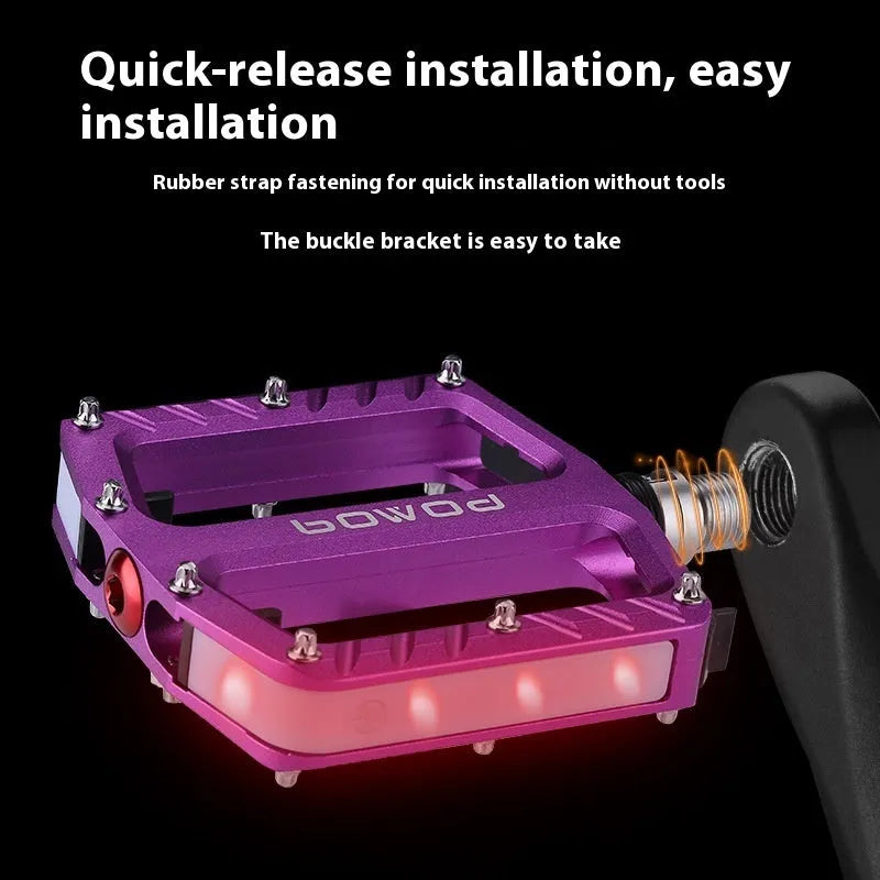 Aluminium alloy bicycle pedals with 710LED lights in black, gold, purple, red, and titanium colour options