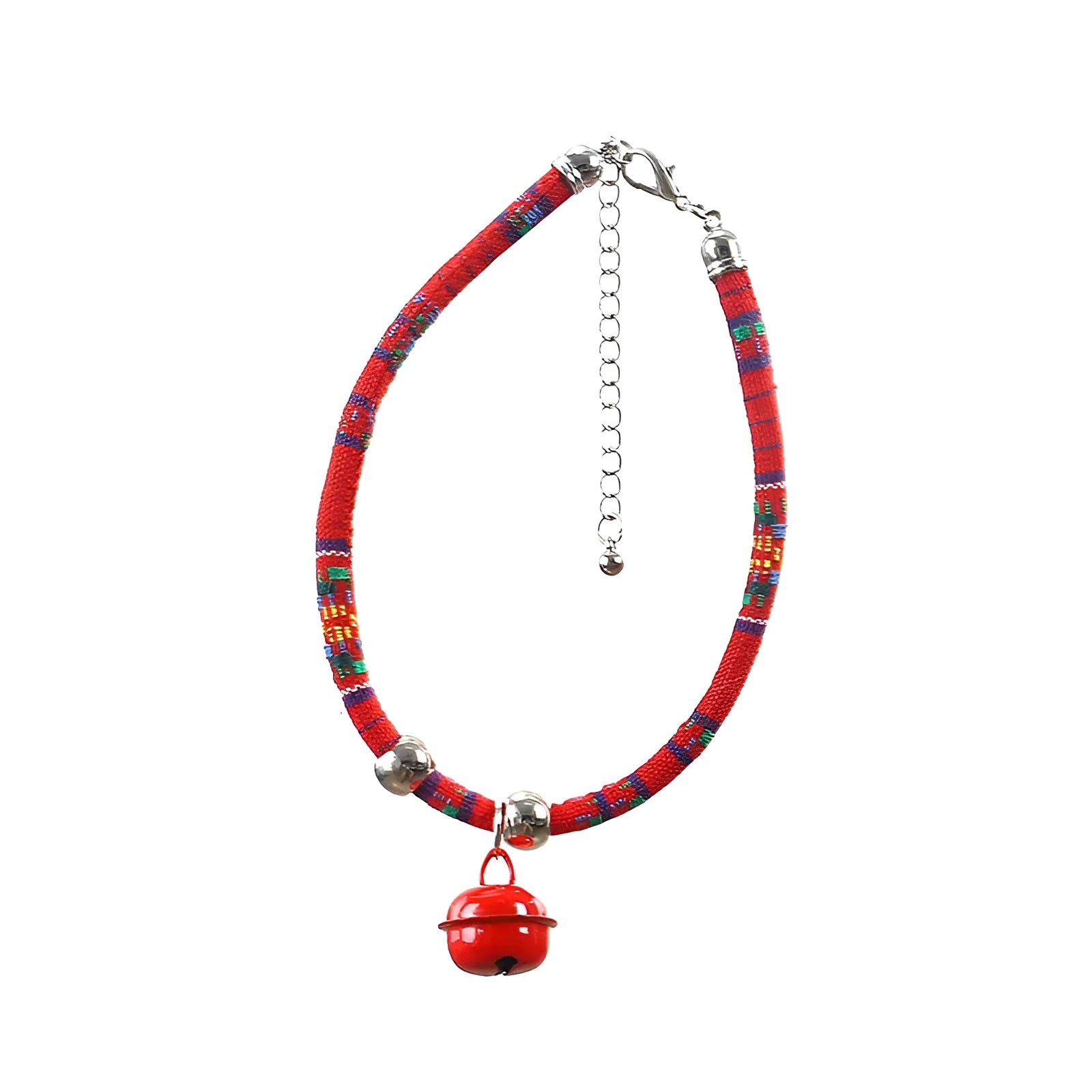 Coloured ethnic style adjustable pet collar with bell necklace for cats and dogs