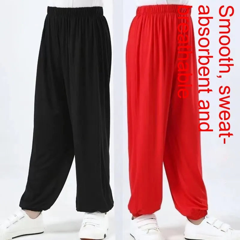 Black children's high elasticity Lycra practice pants for Sanda martial arts.