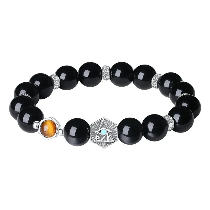 Men's geometric S925 sterling silver bracelet with a central God's Eye obsidian stone inlay.
