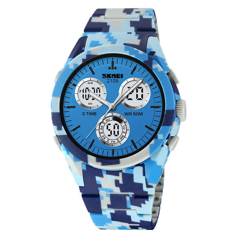 Electronic casual watch with a 50m waterproof rating shown in various colours including camouflage, on a flexible TPU strap.