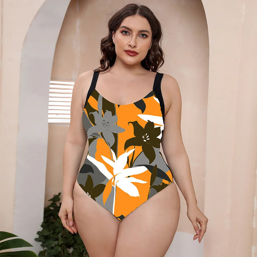 Conservative one-piece floral print swimsuit with vest design and spaghetti straps