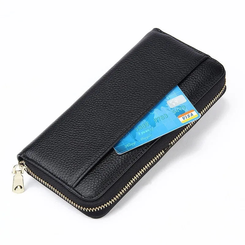 Genuine leather long wallet for women showing six colour options with anti-theft card protection