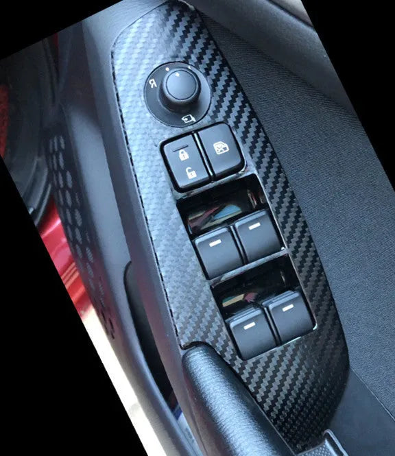 Four TPU protective films for car door control panels in transparent, carbon fibre black and matte black finishes