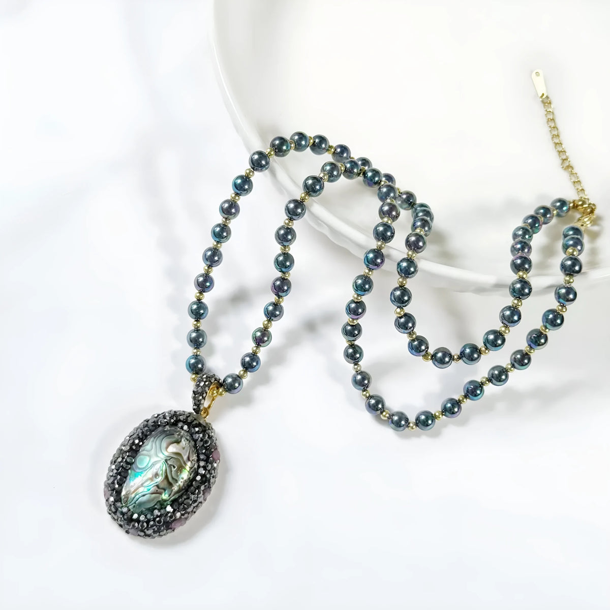 Natural abalone shell oval pendant necklace with black stone beaded chain and 60+5cm vintage colour finish