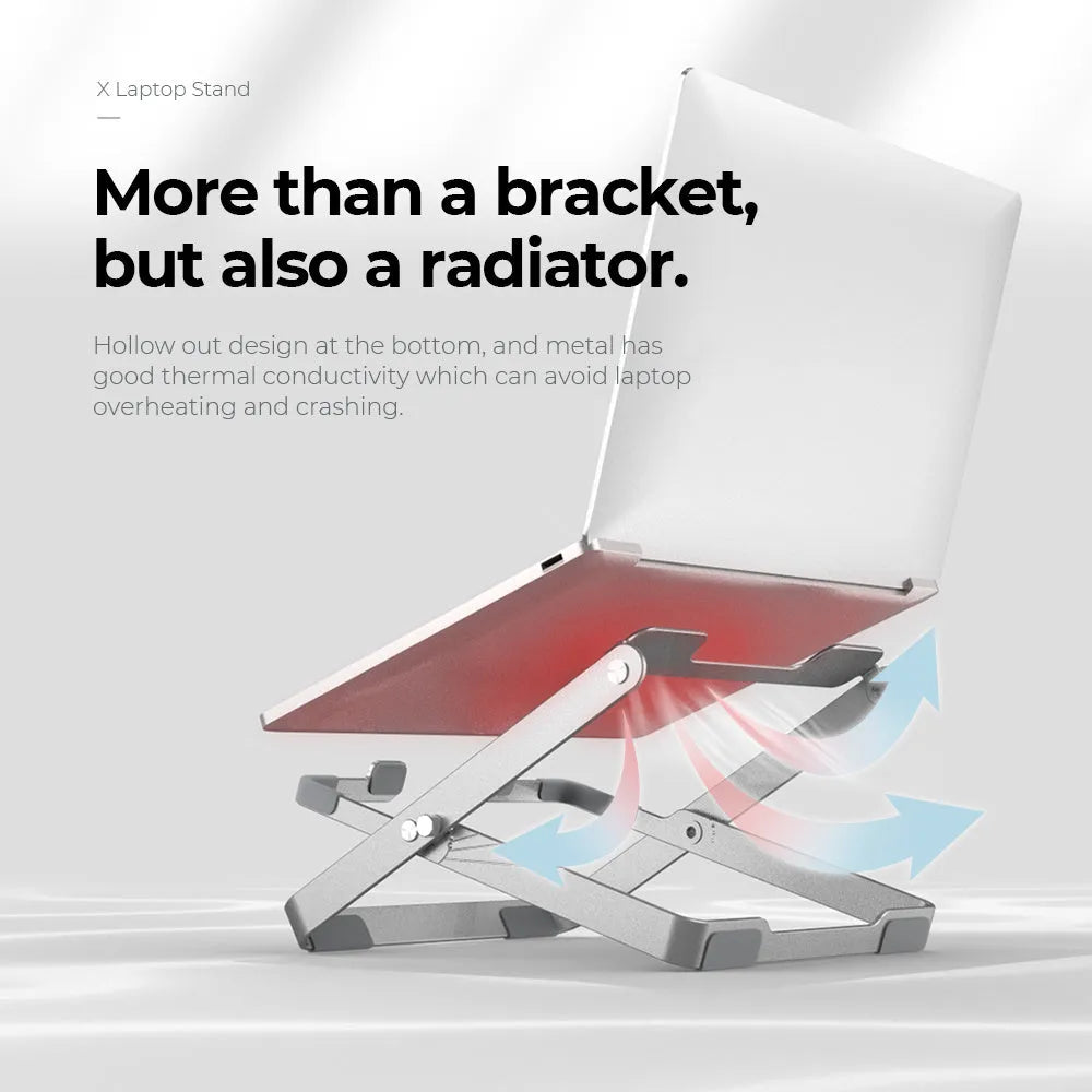 Folding aluminium alloy laptop stand in silver grey, adjustable for 11-18 inch laptops and tablets