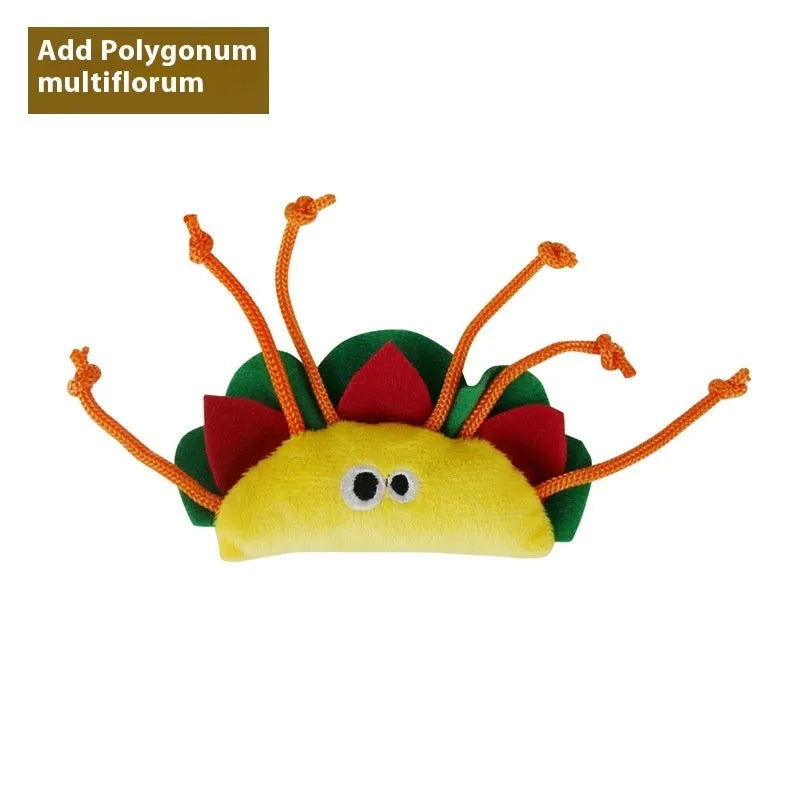 Six colourful polygonum multiflorum shaped cat toys: burrito, cone, cucumber, mushroom, pineapple, and pizza designs