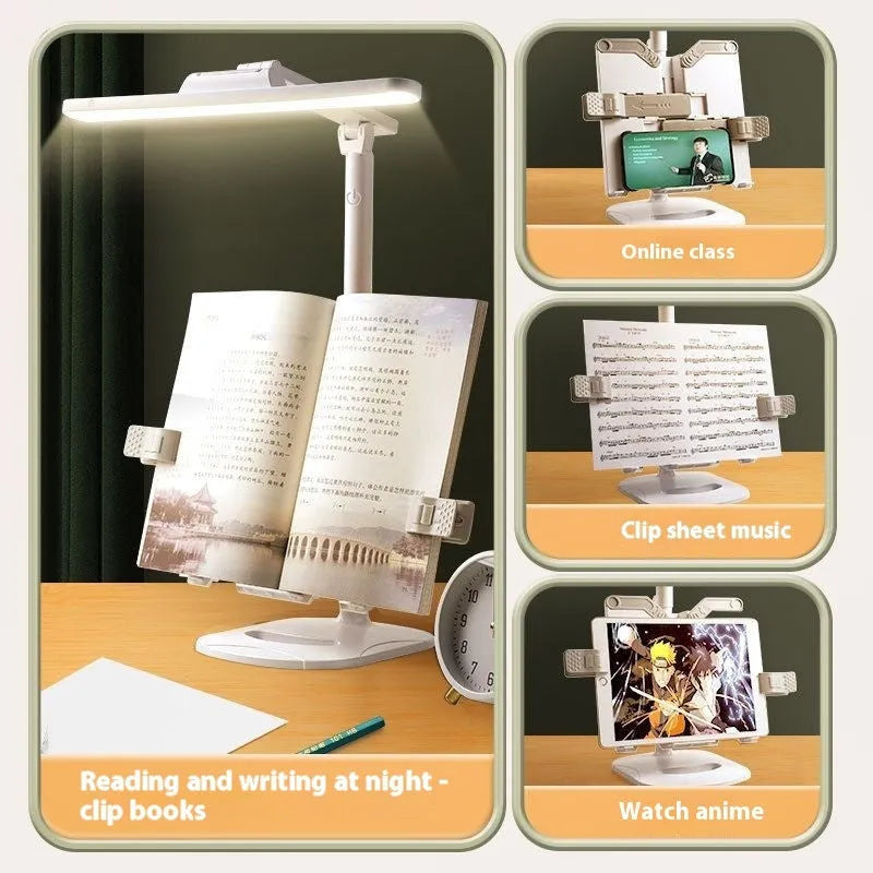 Adjustable LED table lamp with bookshelf design showing three colour temperature settings and charging cable