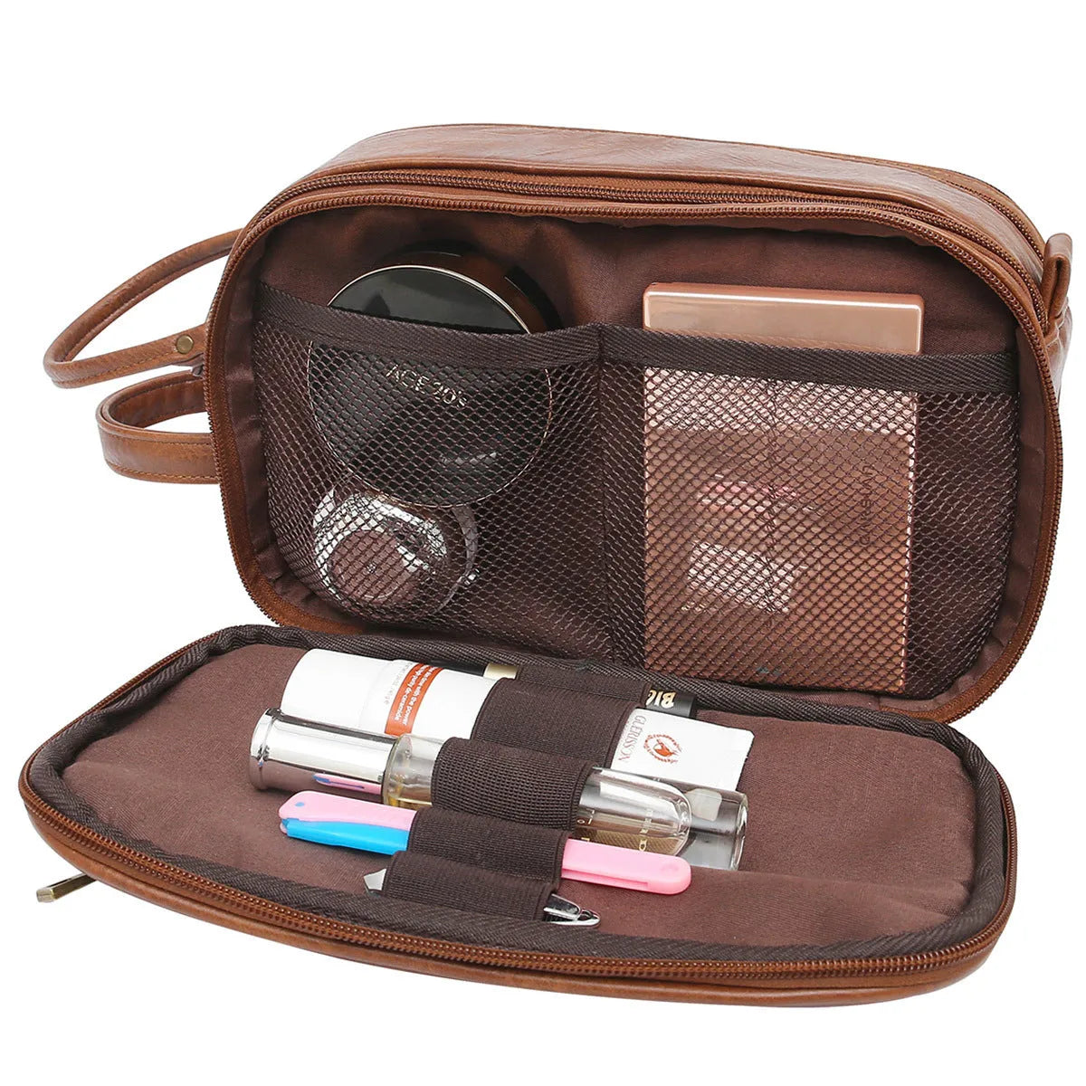 Men's black or brown PU toiletries bag with zipper closure for travel cosmetic storage