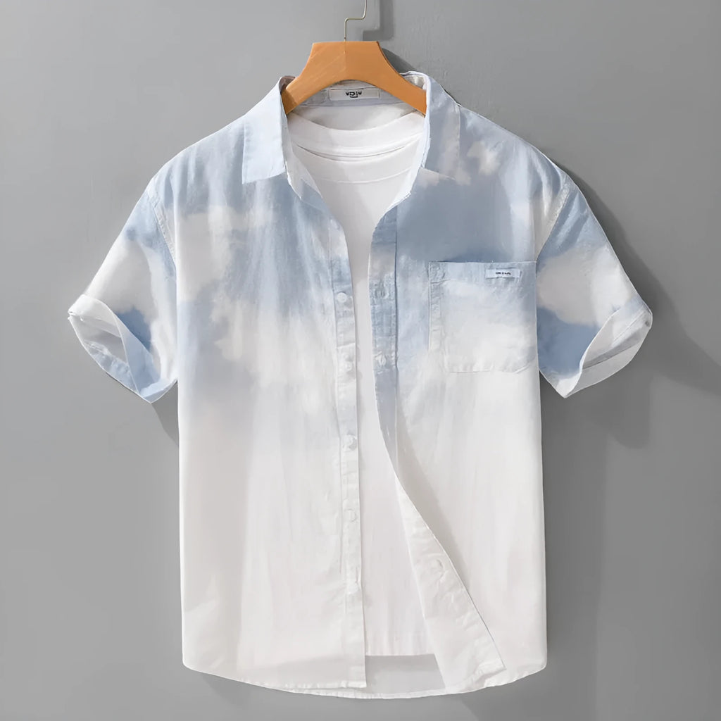Men's light pink pure cotton short-sleeve shirt with loose cardigan fit on hanger
