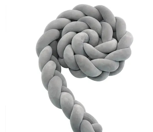 Braided knot design baby crib bumper in spandex velvet, shown in a light grey colour.