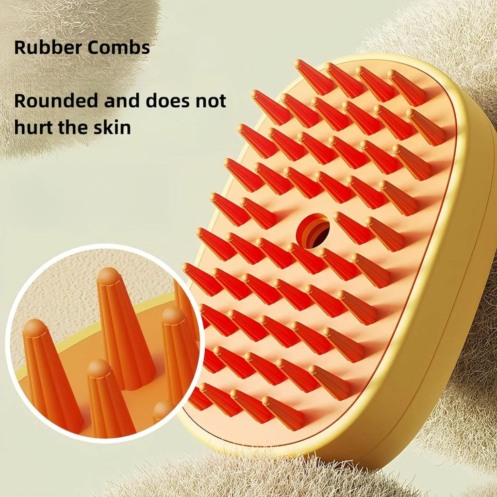 White or yellow rechargeable steam brush for grooming cats and dogs with rubber comb teeth