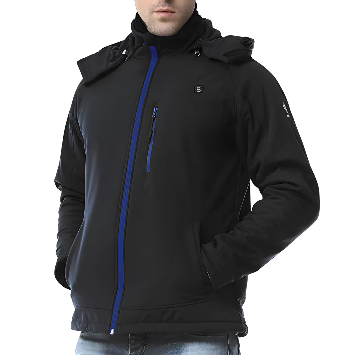 Black men's waterproof winter coat with USB heating port and zipper pockets on a mannequin.