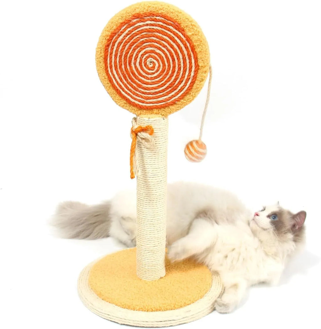Blue cat scratching post with sisal rope, hanging ball toy, and a sturdy wooden base