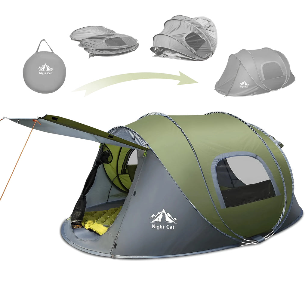 Dark green automatic pop-up camping tent for two people with waterproof rainfly