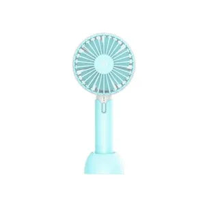 Blue mini USB desktop and handheld personal electric fan with oscillating head.