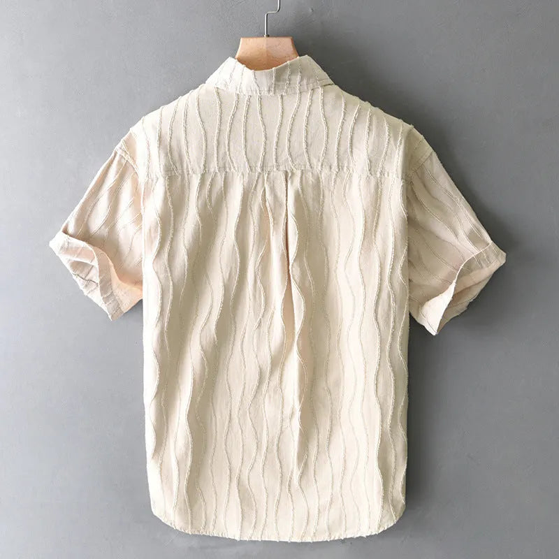 Men's pure cotton short sleeve casual shirt in loose Japanese fresh style available in apricot or army green