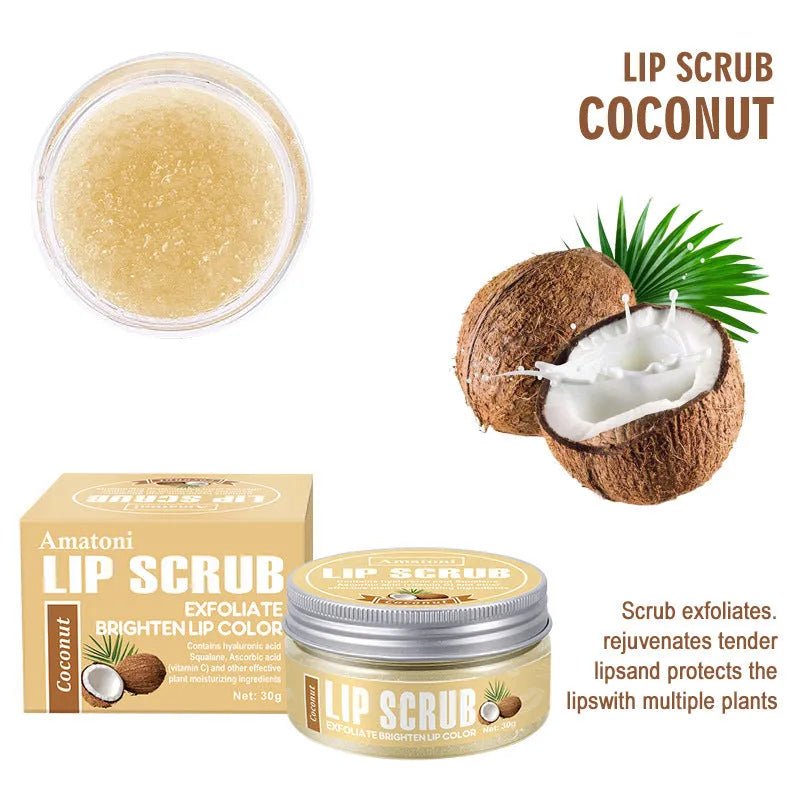 Amatoni 30g pot of fruit flavour lip scrub cream for exfoliating and moisturising lips.