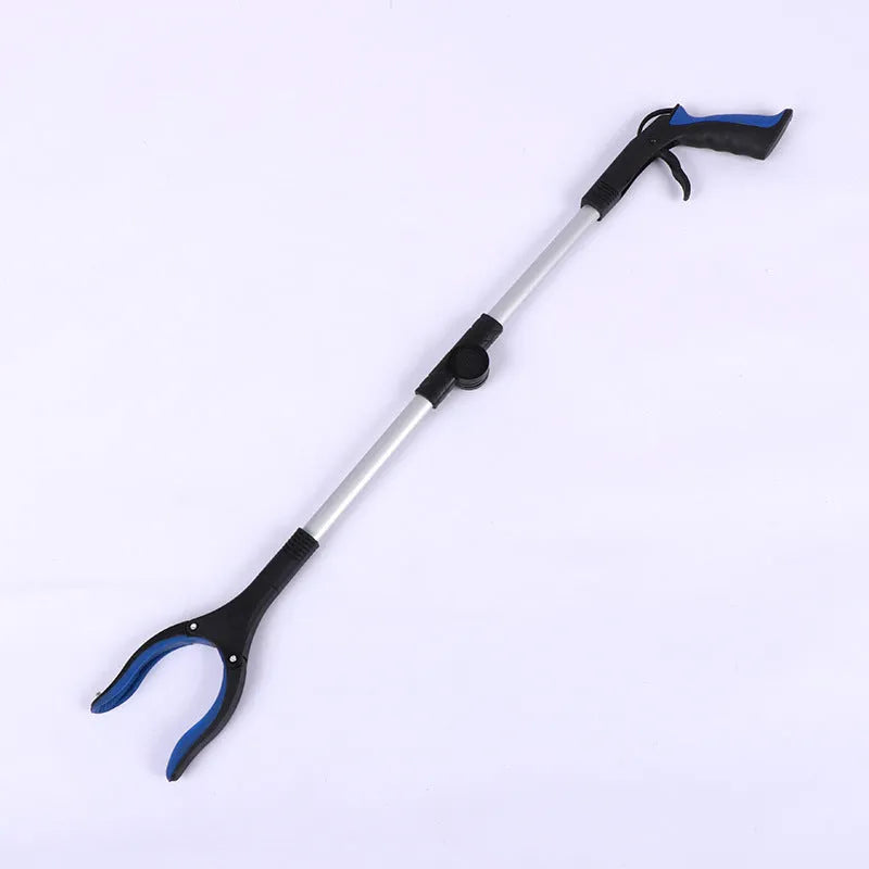 Foldable aluminium garbage pick-up clamp shown extended and collapsed, with magnetic sucker and coloured handle options.