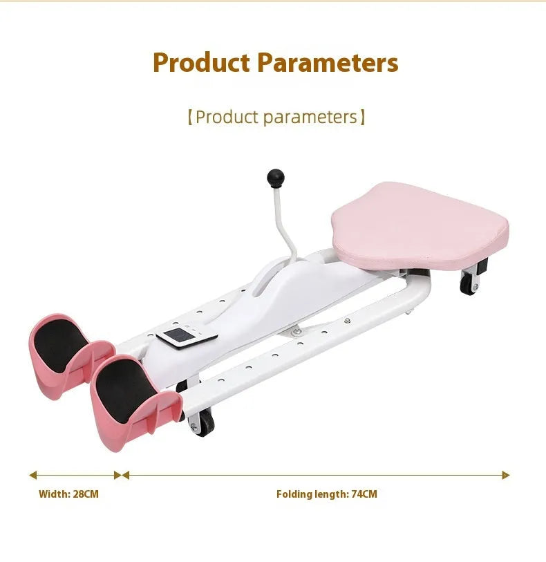 Pink and blue leg stretching machine with steel frame and foam padding, shown with and without a backrest.
