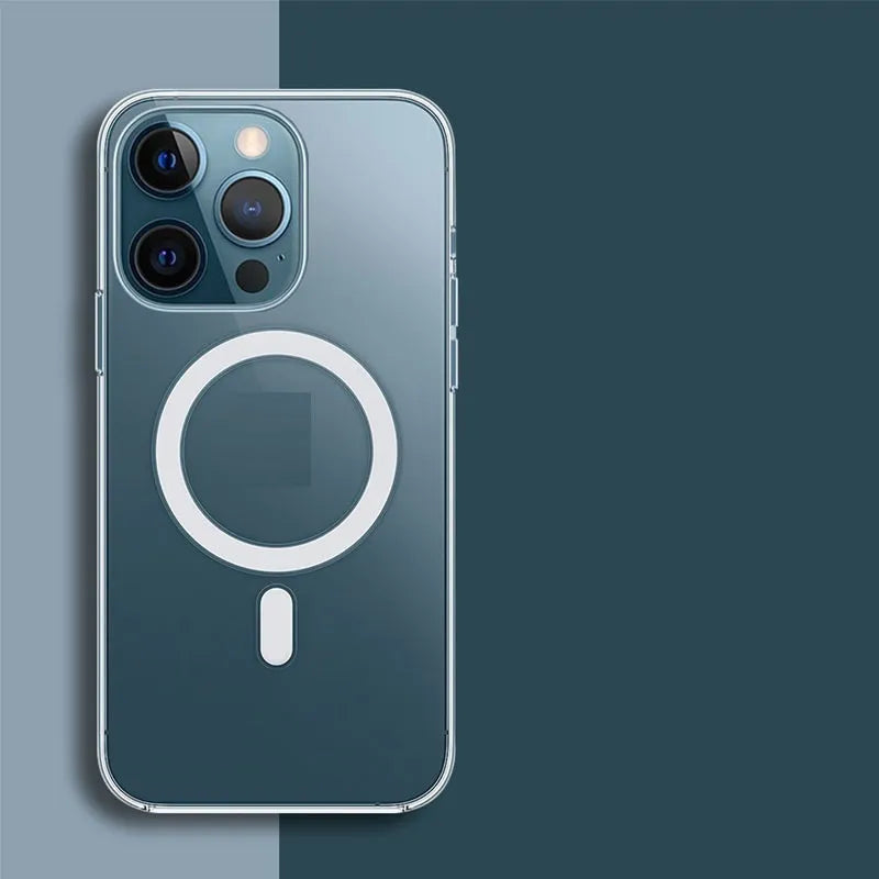 Transparent magnetic back cover phone case showing iPhone compatibility