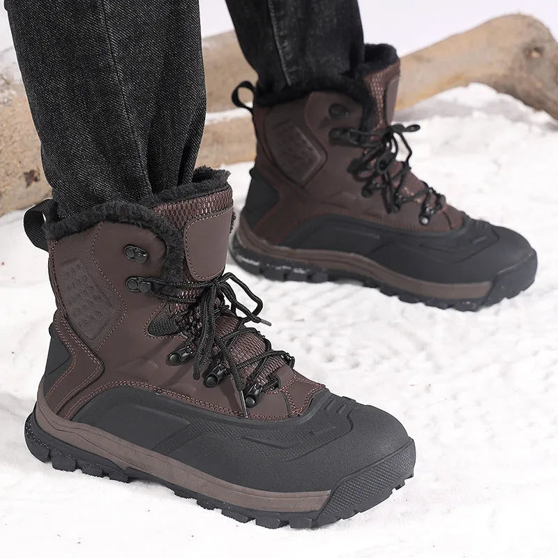 Men's black high-top lace-up boots with fleece lining, flat heel, and ribbed sole.