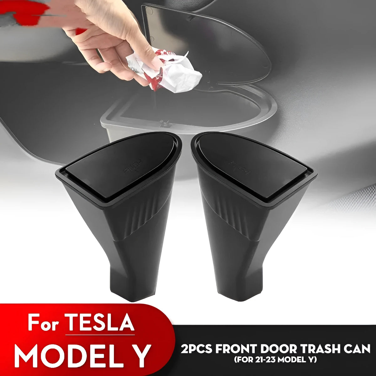 Two black ABS plastic car door trash cans for Tesla Model Y front seats