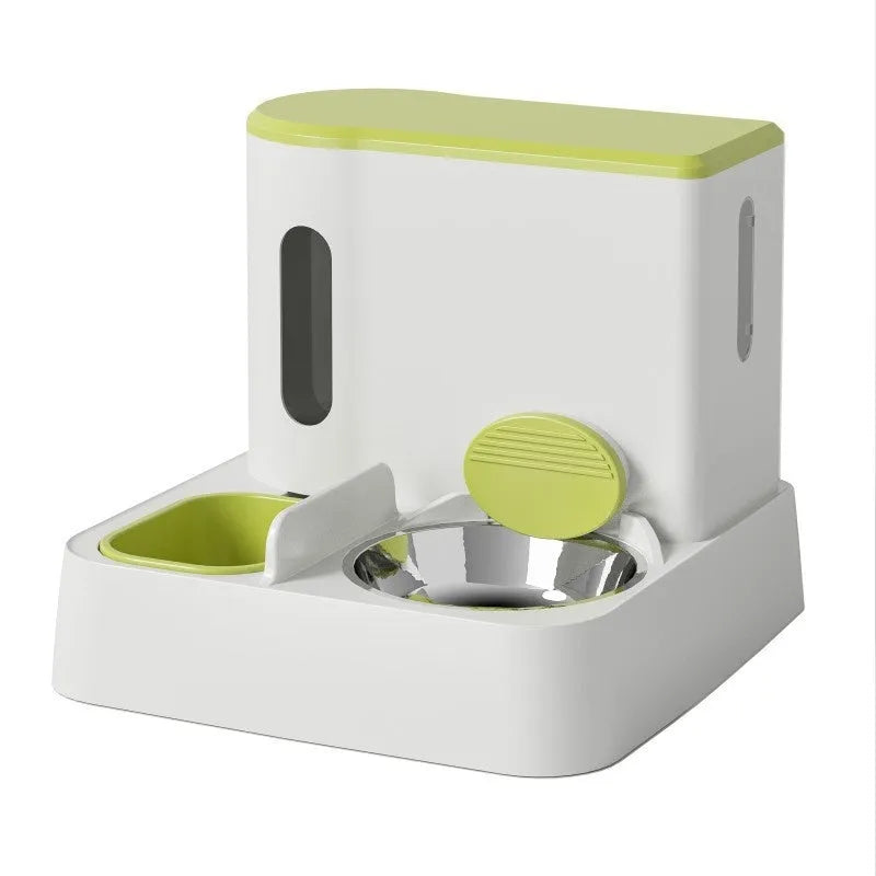 Grey automatic cat feeder and water dispenser station with integrated double bowls