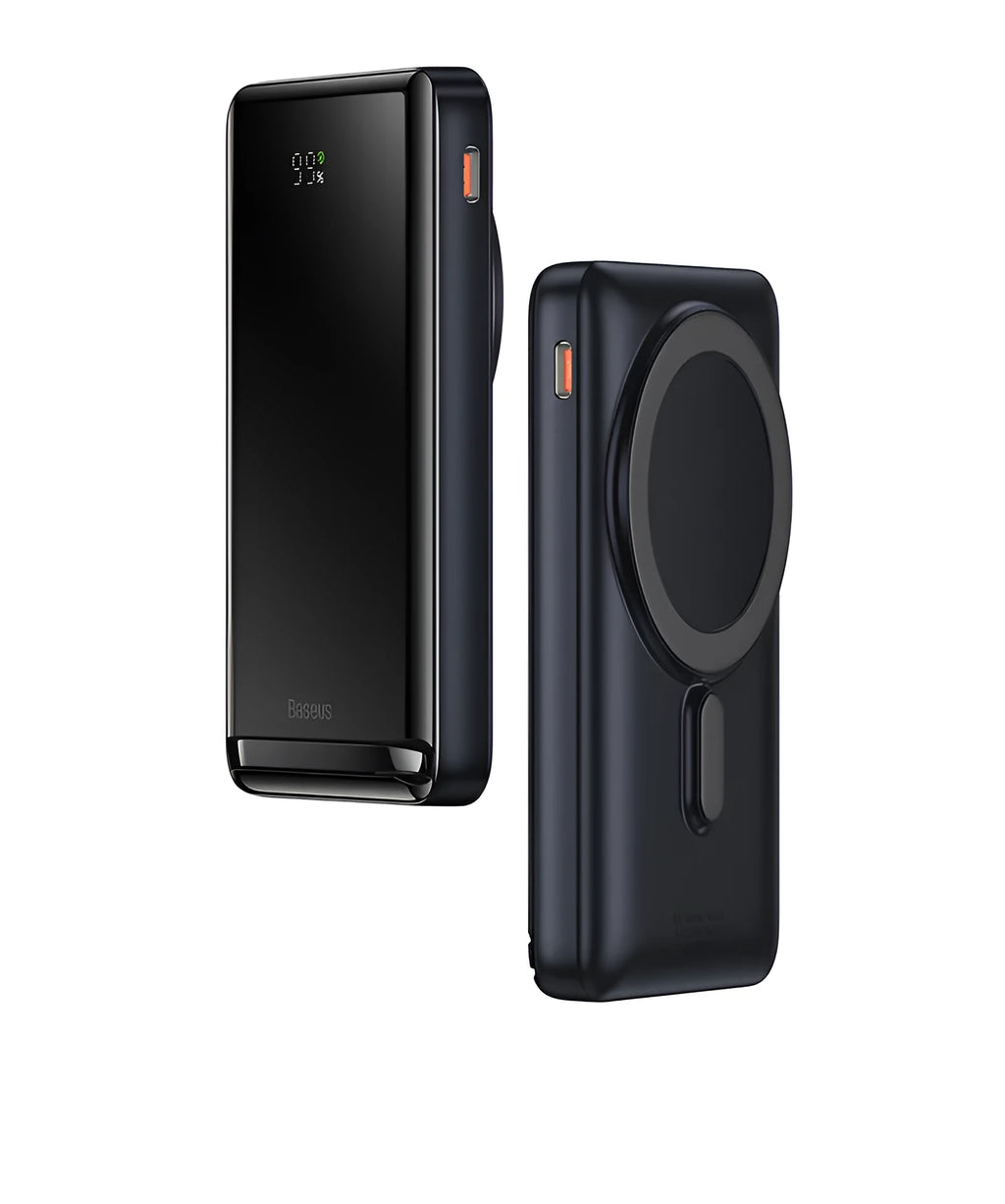 Slim blue magnetic power bank showing dimensions 117.3x69.7x20.3mm with charging cable
