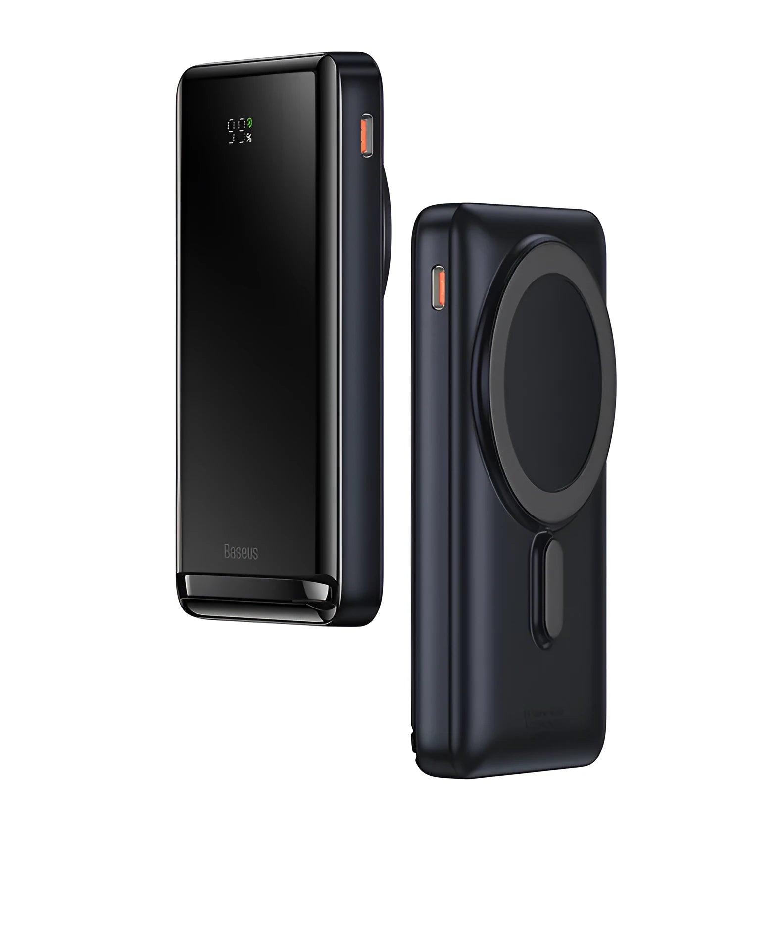 Slim blue magnetic power bank showing dimensions 117.3x69.7x20.3mm with charging cable