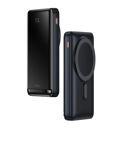 Slim blue magnetic power bank showing dimensions 117.3x69.7x20.3mm with charging cable