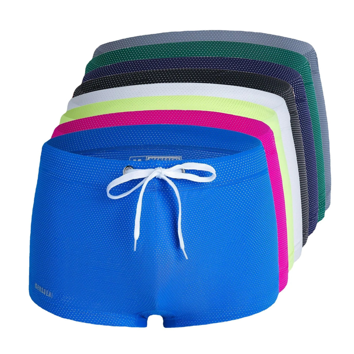 Men's lace nylon low waist swimming trunks in boxer brief style on a solid colour background.