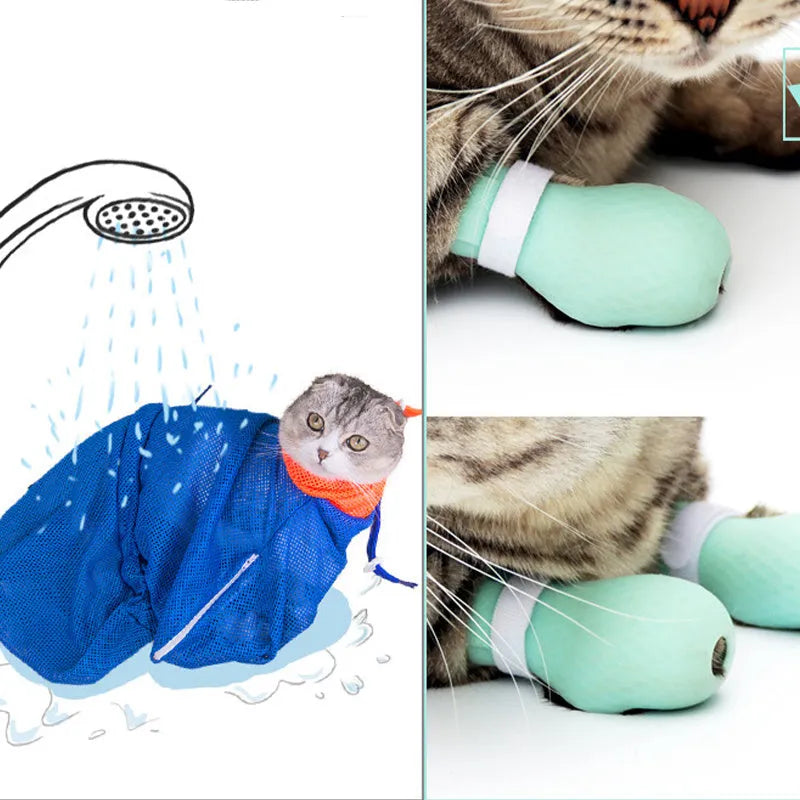 Set of four green silicone cat paw covers used for anti-scratch protection during washing and medicine