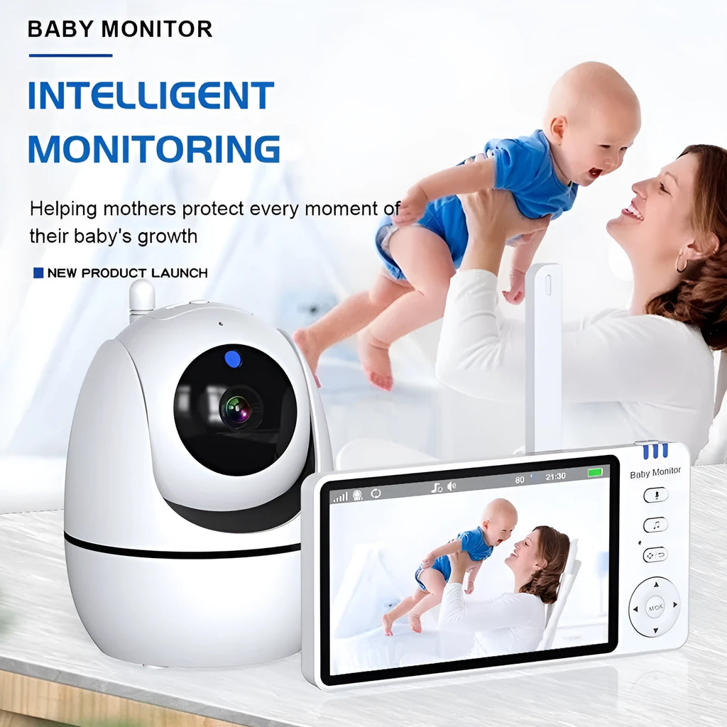 White baby monitor with 5-inch HD screen showing baby monitoring display