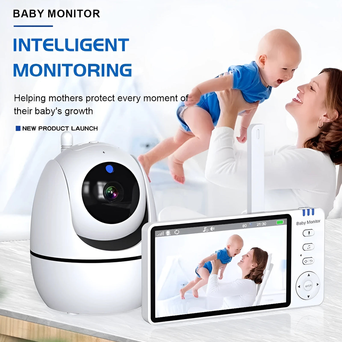 White baby monitor with 5-inch HD screen showing baby monitoring display