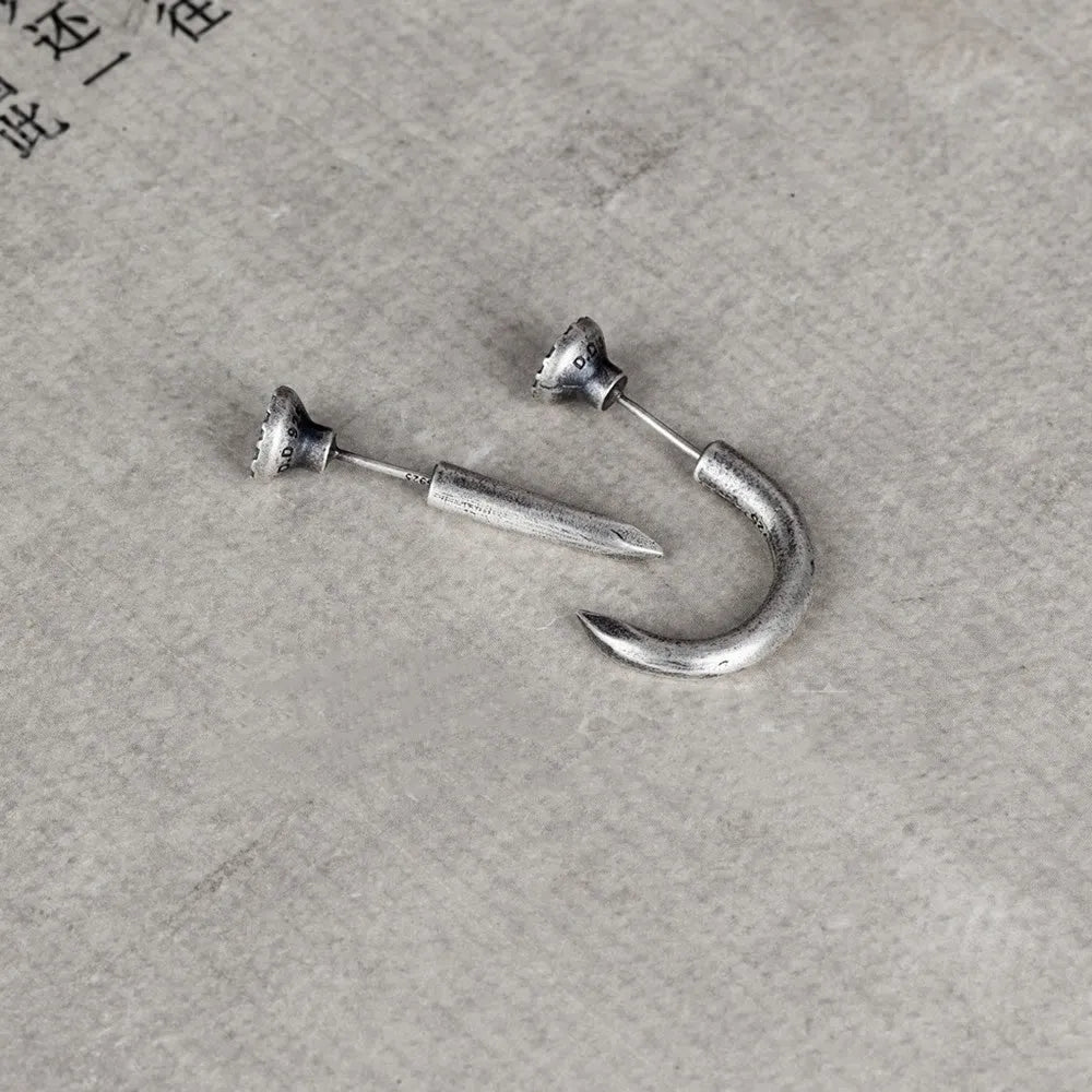 S925 Sterling Silver single nail stud earring on ear hook in straight or curved punk style.