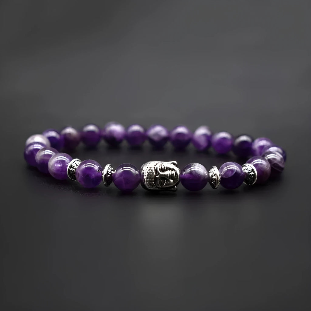 Handmade unisex beaded bracelet with a large 19mm Buddha head charm in tiger eye gemstone.