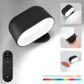White oval magnetic wall lamp with remote control showing 360-degree rotation and colour changing LED lights