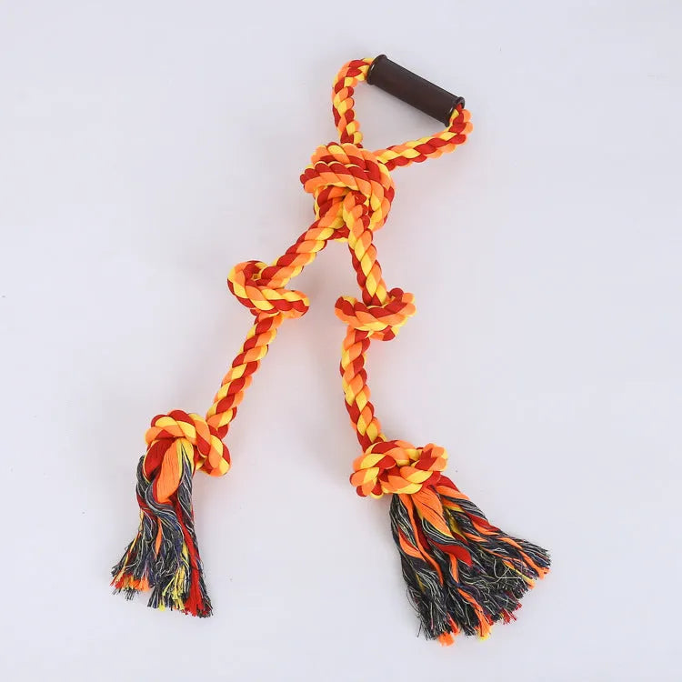 Blue and yellow cotton rope dog toy with a handle for tug-of-war