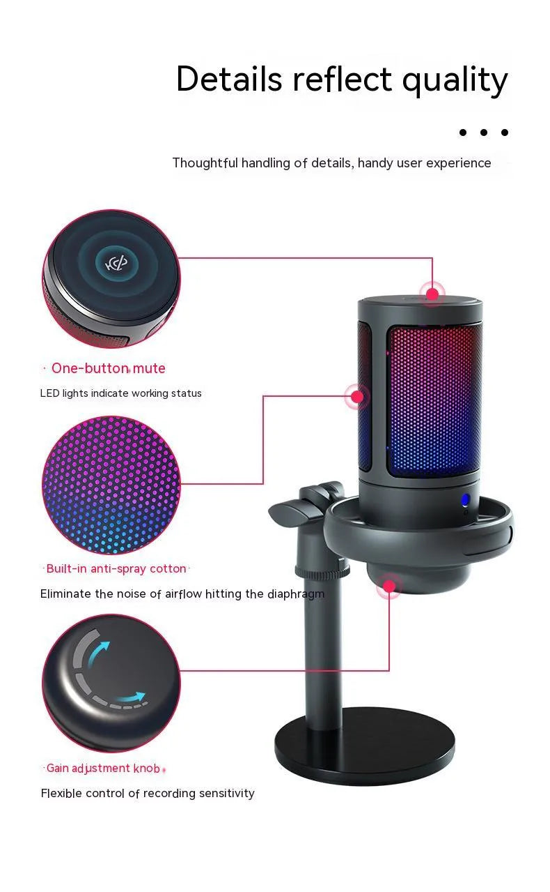 RGB USB condenser microphone for computer recording in black, white, or pink colour options