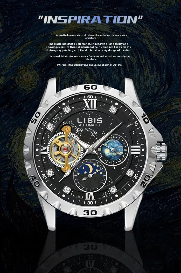 Men's silver automatic mechanical watch with black starry dial and luminous hands on steel strap