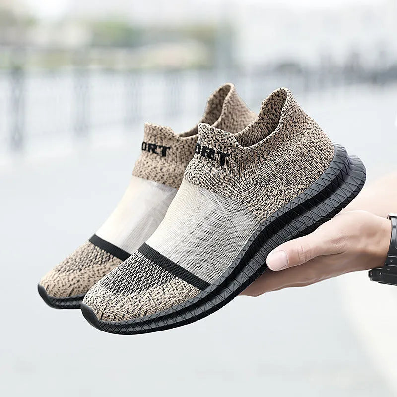 Flyknit woven sock shoes in khaki colour with lace-up closure and MD sole for casual wear and hiking