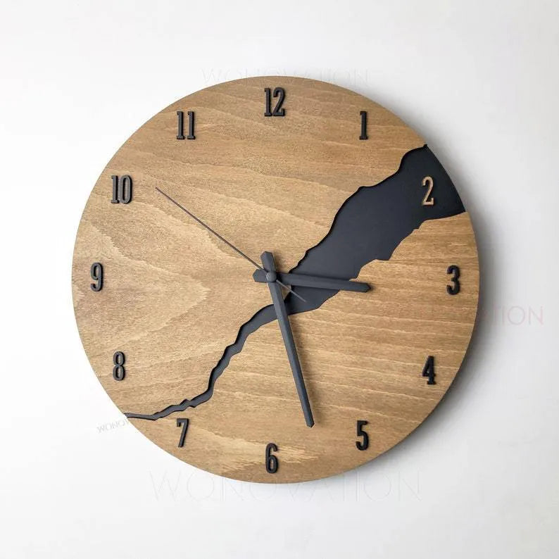Modern wooden wall clock with creative crack design on a simple shell.