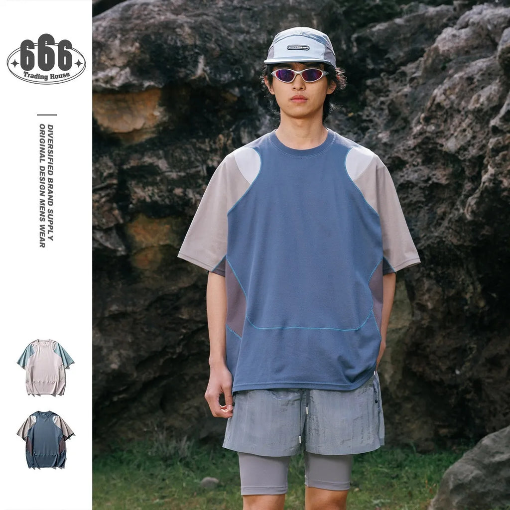 Men's loose fit cotton blend t-shirt in patchwork contrast colour with raglan short sleeves