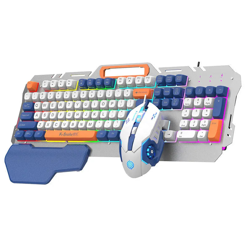 Blue backlit gaming keyboard and matching mouse with 1.5m USB cable on desktop